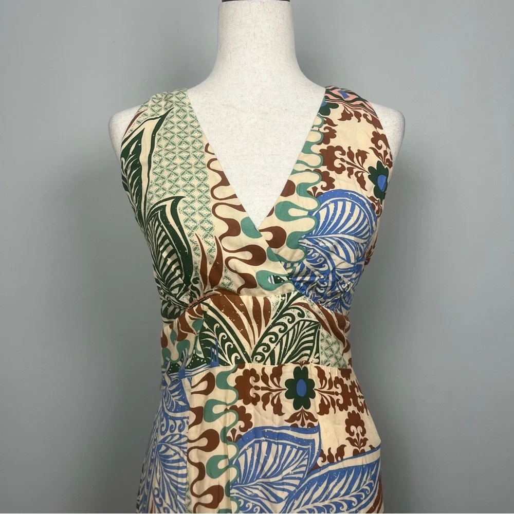 NWT‎ Vince Camuto Green and Brown Patchwork Maxi Dress Halter T Back SZ L